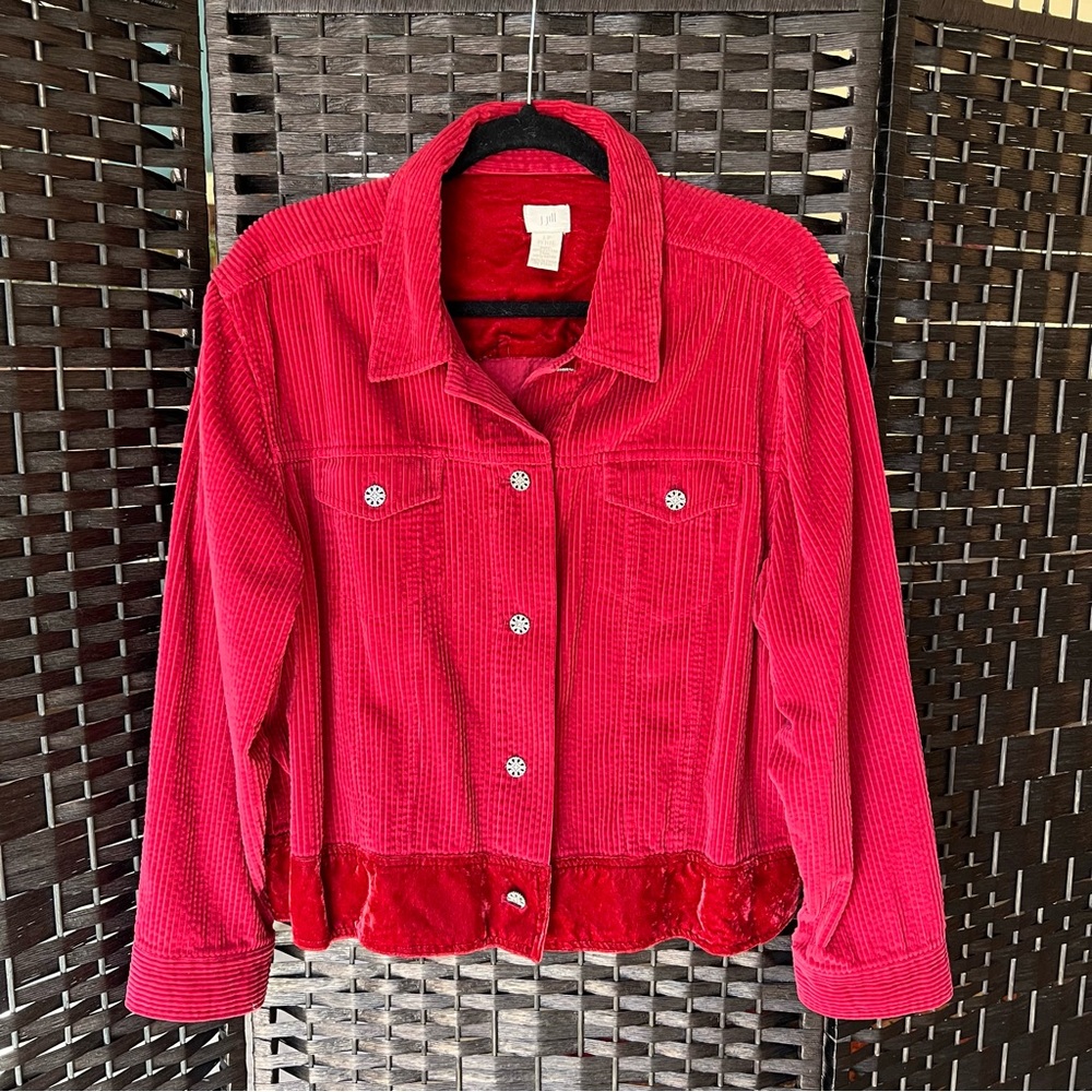 Gorgeous J. Jill  Corduroy and Velvet “Jean” Jacket, Red, Size Petite Large